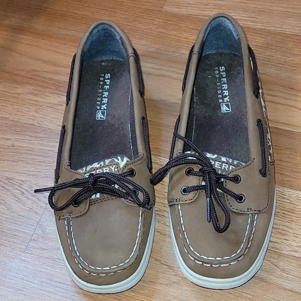 Sperry Top-siders brown leather/animal print sz 38
